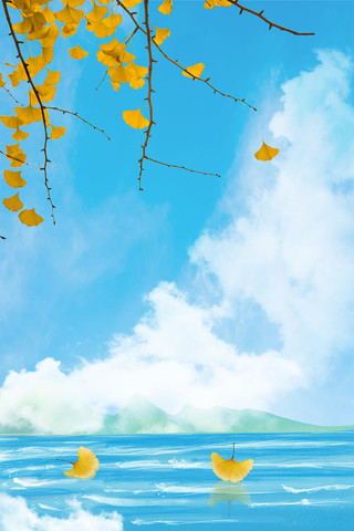 蓝色黄色简约风银杏树叶天空海洋背景秋天叶子背景